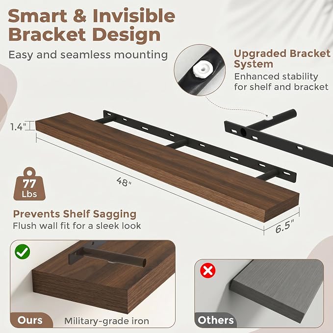 Venusmiles Floating Shelves for Wall, 48 Inch Floating Shelves Set of 1, 6.5" D Wooden Wall Mounted Display Shelves with Invisible Brackets for Living Room, Bedroom, Bathroom, Kitchen Decor, Walnut