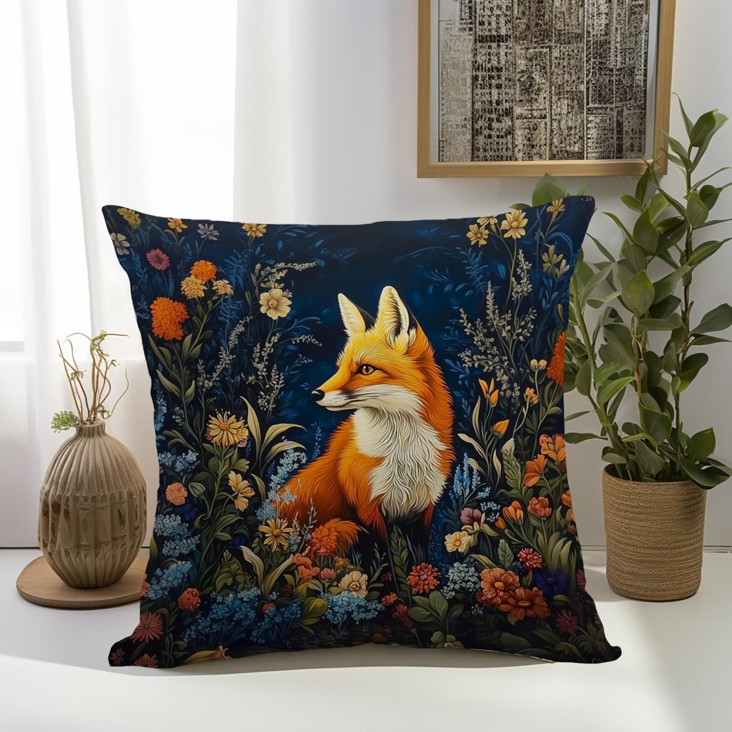 YOU FOUND ME William Morris Abstract Vintage Floral Velvet Fox Design Throw Pillow Covers Home Decor, Retro Art Deco Pillowcase Cushion Cover for Bed Sofa Living Room, Square 18x18inch (Orange-Fox)