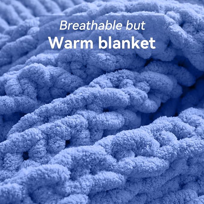 Negwoo Chunky Knit Throw Blanket, 80''*90'' Knitted Throw Chenille Yarn for Bed Couch, Handmade Light Blue Crochet Big Thick Blanket, Machine Washable Cute Comfy Blanket for Home Decor