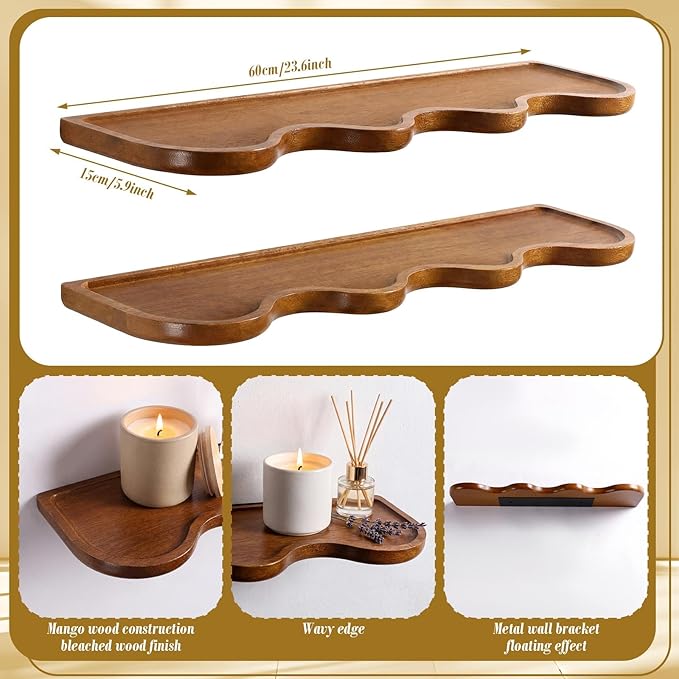 Pinkunn 2 Pcs Walnut Floating Shelves for Wall 24 Inch Wave Live Floating Shelf Wooden Live Edge Shelves Wall Decor for Bathroom Bedroom Living Room Office, Scalloped Mounted Display Hanging Shelf
