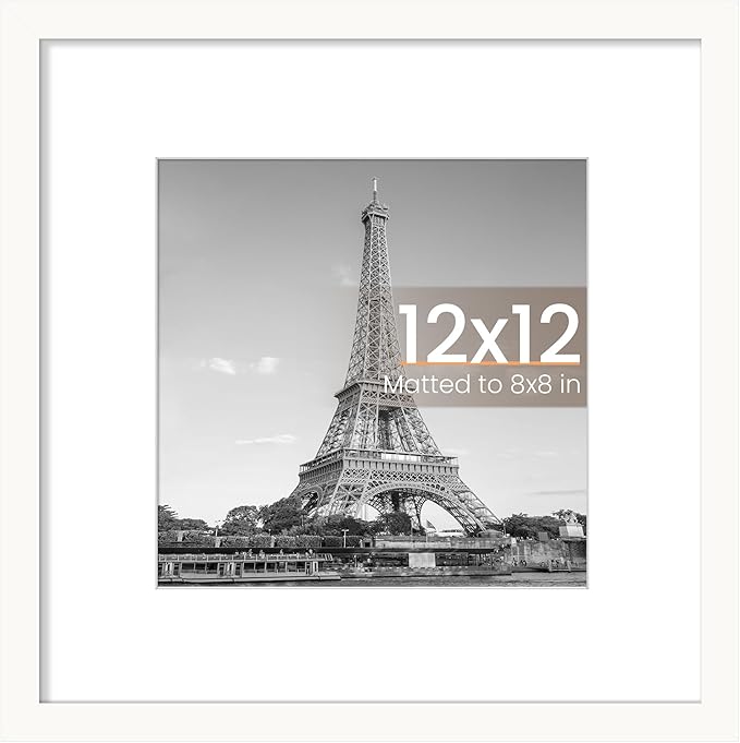 upsimples 12x12 Picture Frame, Display Pictures 8x8 with Mat or 12 x 12 Without, Wall Hanging Square Frames, White, 1 Pack