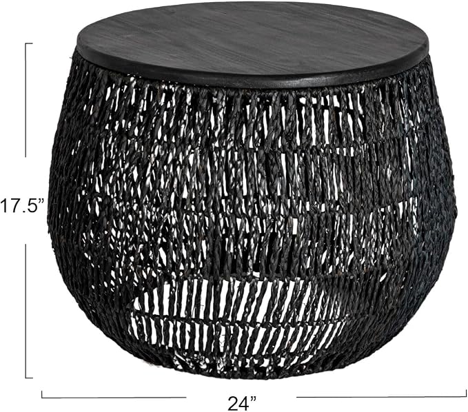 Bloomingville Hand-Woven Seagrass and Pine Wood Round Side Table, Black