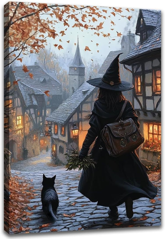 Autumn Witch And Black Cat Picture Wall Decor,Halloween Canvas Vintage Rustic Wall Art,Preppy Bedroom Living Room Bathroom Poster Print,16"x24" Framed