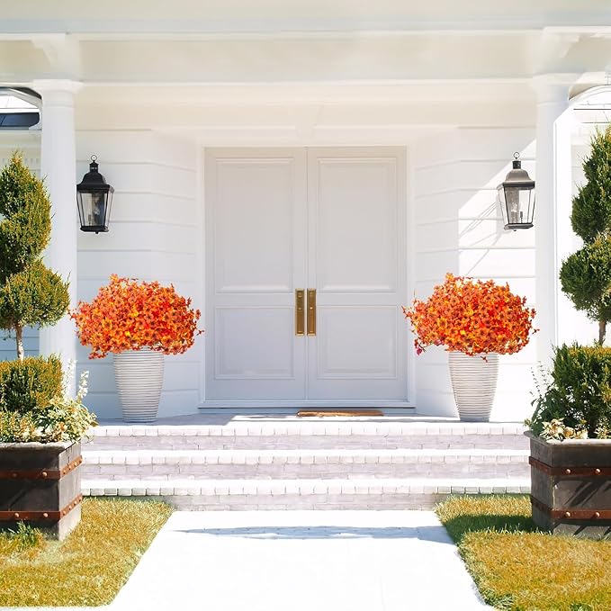 Grunyia 16 Bundles Artificial Fall Flowers for Outdoors Fake Plants UV Resistant Plastic Plants Shrubs Bushes for Home Fall Front Door Porch Garden Autumn Decor (Fall Orange)