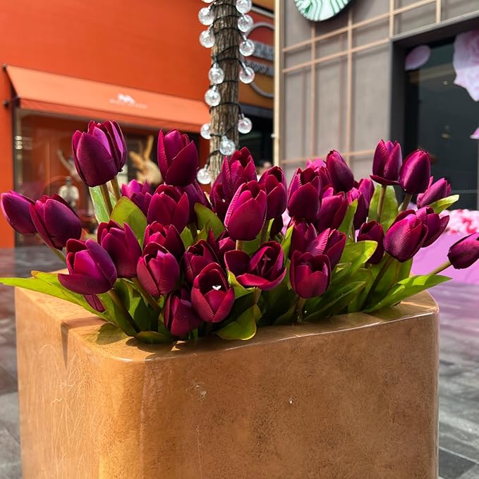 Artificial Fake Flowers Tulip for Outdoor Decoration,UV Resistant Faux Plastic Fabric Greenery Shrubs Plants Fake Flowers Hanging Planter Kitchen Home Garden Wedding Decor (Dark Purple)