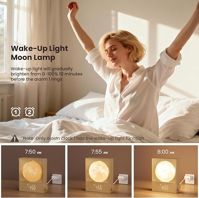 RETEYUNG Sunrise Alarm Clocks for Heavy Sleepers,Rotatable Moon Light with Gentle Wake-Up,Clock Night Lamp for Bedrooms - Snooze,10 Light Effects,10 Nature Sounds,15 Ringtones for Adults,Kids,Nursery