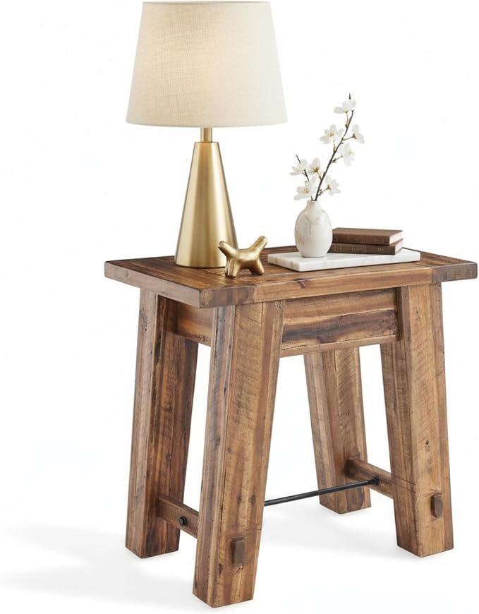 Alaterre Furniture Durango Solid Wood Side Table with Metal Accent, 27-Inch | Rustic Industrial Nightstand and End Tables, Storage Shelf, Metal Accent, Natural Grain, for Living Room, Bedroom, or Office