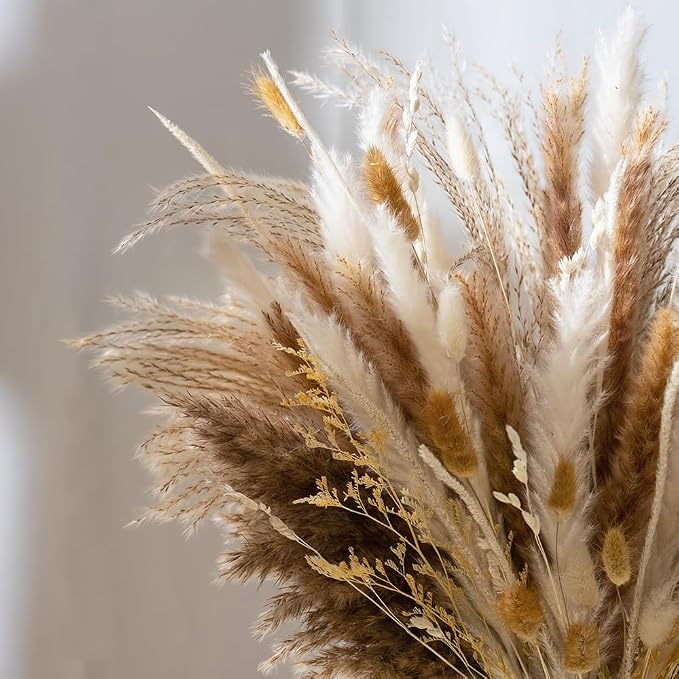 106pcs Artificial Flowers in Vase Natural Dried Pampas Grass Decor with Vase Boho Home Decor Bouquet Bunny Tails Dried Flowers, Reed Grass Bouquet for Wedding Floral Arrangements (106pcs)