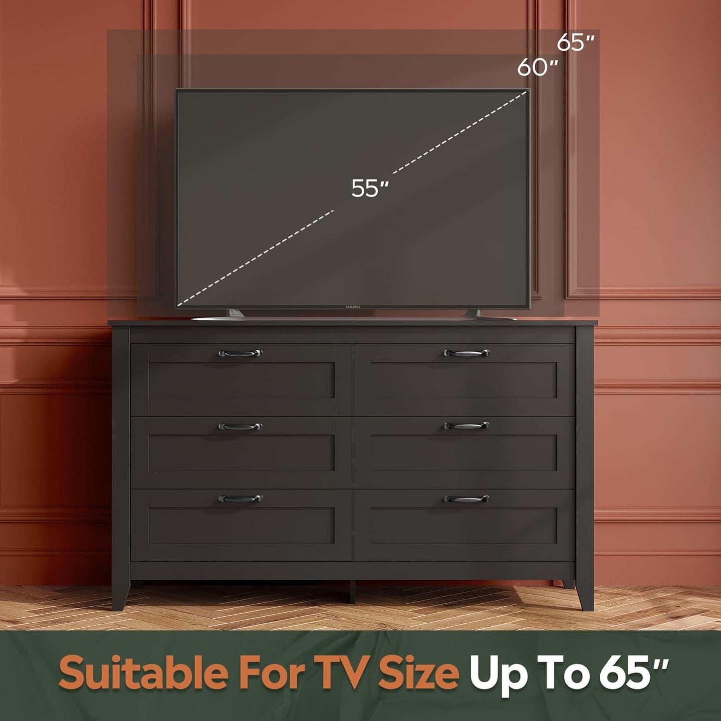 WLIVE Black Dresser for Bedroom, 6 Drawer Wood Dresser with Metal Handle, Large Double Wooden Chest of Drawers for Living Room, Hallway, Closet