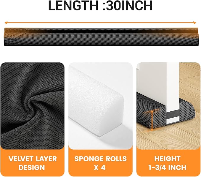 fowong Door Draft Stopper 30 Inch, Under Door Noise Stopper Blocks Air, Draft, Light, Dust, 24" to 30" Sweep Seal Large Gap up to 1.7", Easy to Install Black