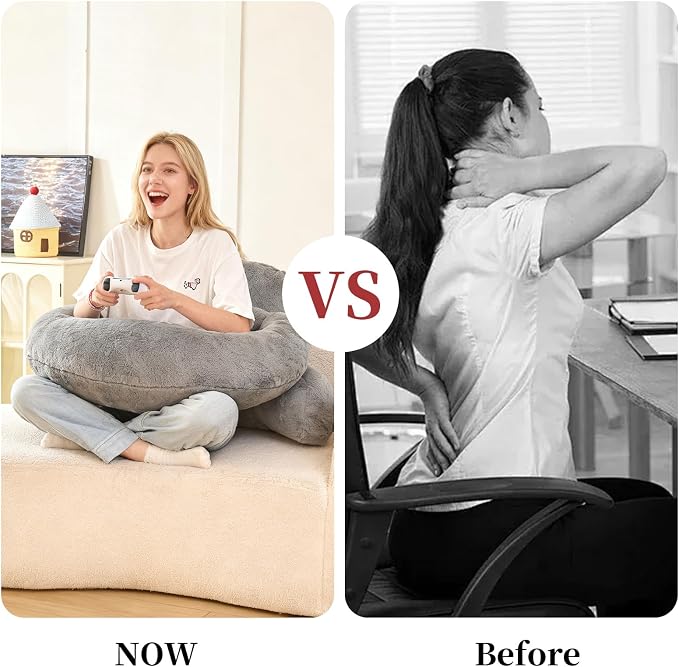 19" Reading Pillow for Bed,U Shaped Arm & Elbow Support,Gray Faux Fur | Backrest Supports Back,U Shaped Lap Pillow Cushions Arms,Elbows & Wrists,Plush Faux Fur for Reading,Gaming,Watching TV