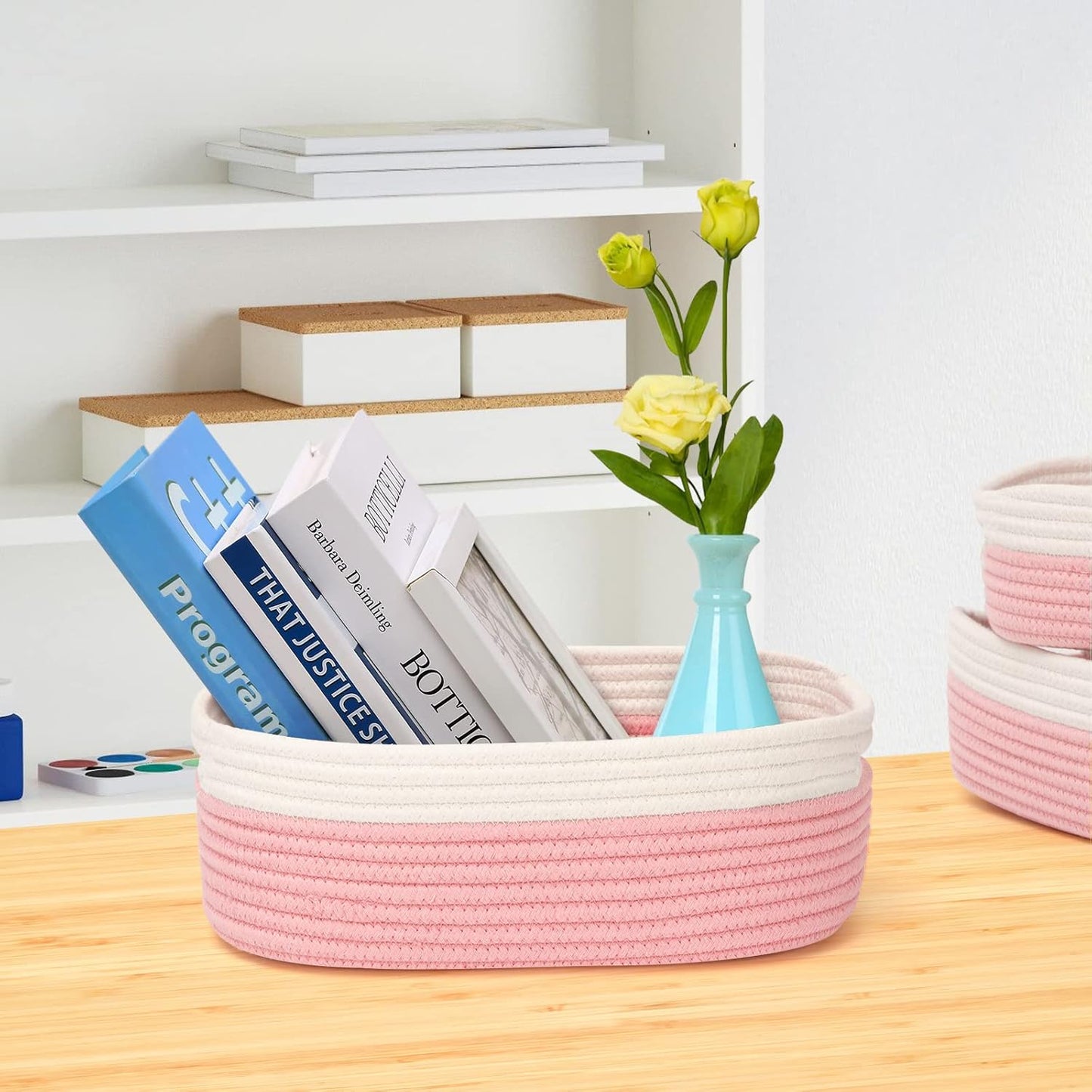 7 Piece Cotton Rope Woven Basket Set - Small Basket for Baby Nursery, Pets, Montessori, Dog & Cat Toy Boxes, Bathroom Organization Bins (White/Pink)