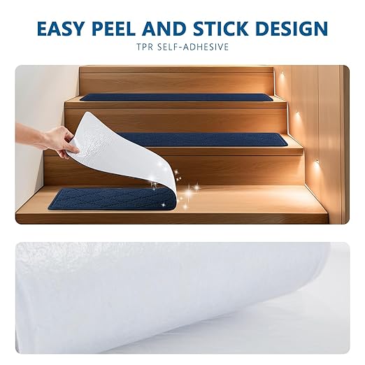 Stair Treads for Wooden Steps Indoor, 7 Pack 8" X 30" Non Slip Carpet Stair Treads with Reusable Adhesive for Kids Elders and Dogs, Surface Polyester TPR Backing Stair Rugs,Navy