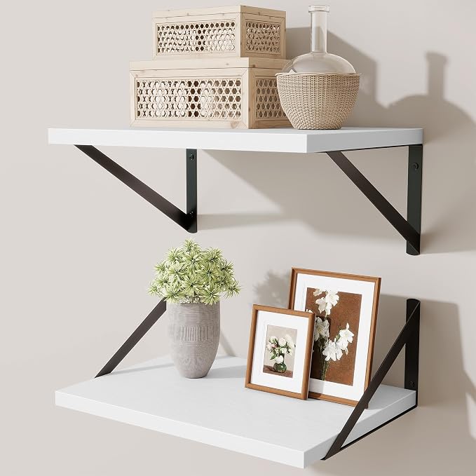 Acovy Deep Floating Shelves,16" Wx10 D Floating Shelves for Wall Set of 2,Heavy Duty Wood Floating Shelf with Metal Bracket,Wall Mounted Hanging Shelf for Living Room Bedroom Bathroom Kitchen,White