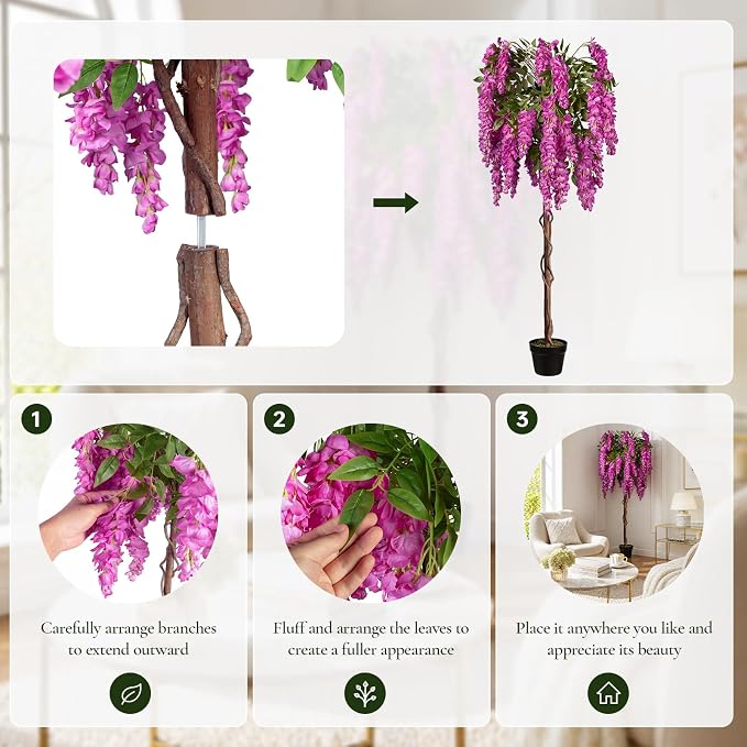 5ft Artificial Wisteria Tree, Fake Tree with Firmly Attached Blooms for Less Shedding, Faux Trees Indoor Outdoor Home Office Living Room Decor, Potted Floor Plant