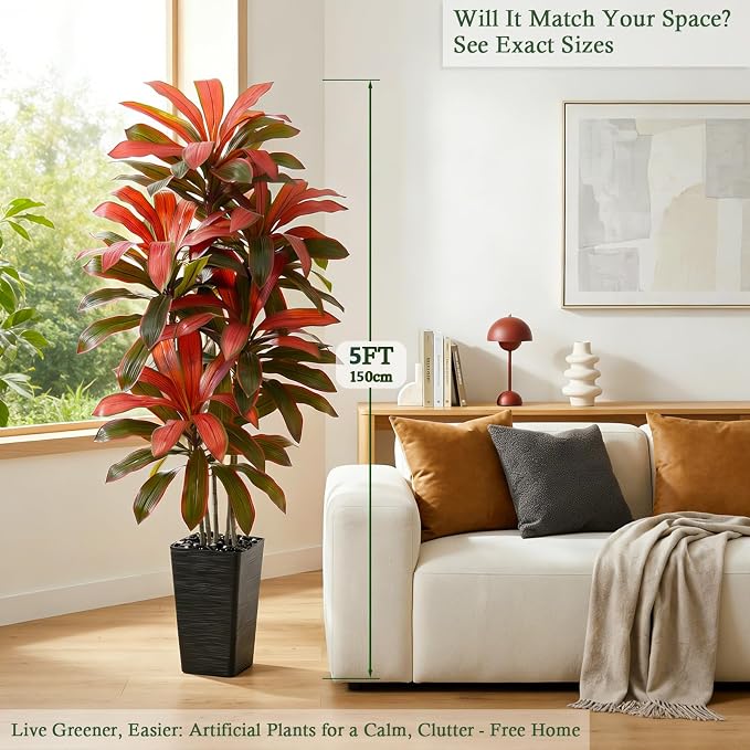 Artificial Dracaena Tree：5FT Faux Silk Tropical Yucca Floor Trees Realistic Fake Green Plant with Natural Wood Trunk & Lifelike Leaves for Home Office Decor Indoor & Outdoor (5FT,1-Pack,Black)