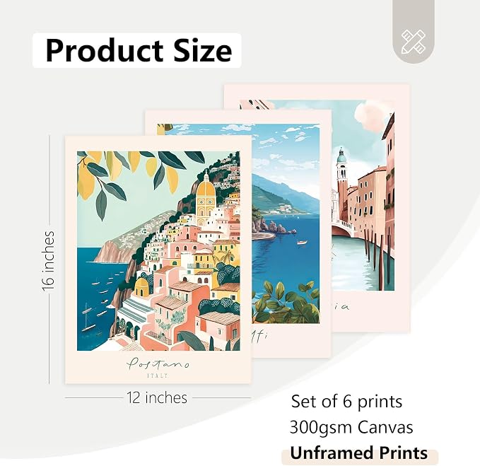 Tocliky Italian Italy Wall Art Decor Amalfi Coast Travel Poster Italy City Canvas Wall Art Vintage Landscape Beach Painting Artwork Modern for Bedroom Living Room 12x16 Prints Unframed Set of 6