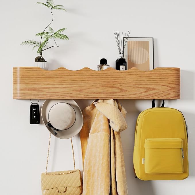 Coat Rack Wall Mount with Shelf 5 Hidden Hooks Modern Wooden Key Holder Entryway Organizer for Hallway Bedroom Bathroom Home Decor Storage for Hanging Coats Hats Bags Towels, Wave-Shape Oak