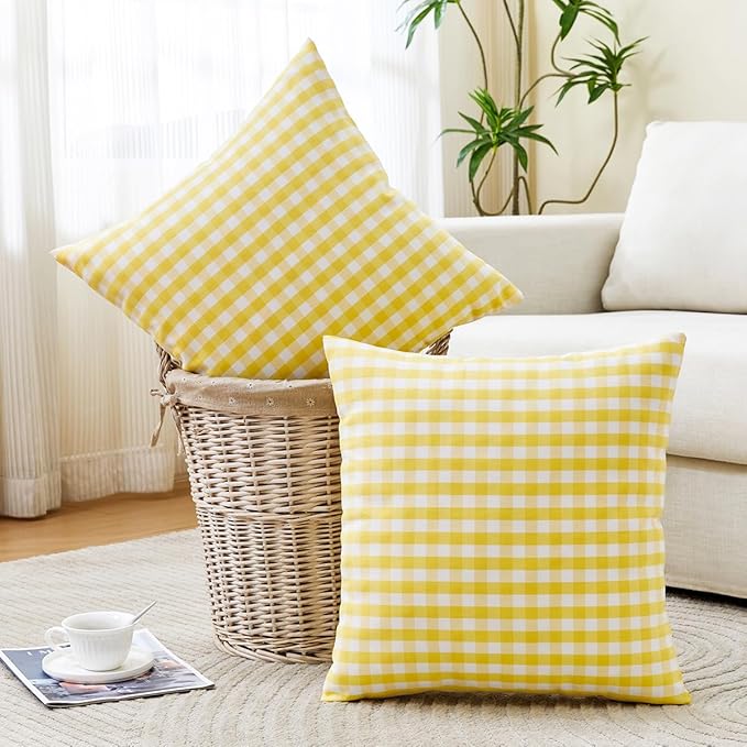 CARRIE HOME Yellow Gingham Checkered Throw Pillow Covers 18x18 Set of 2, Neutral Modern Farmhouse Yellow Outdoor Pillows 18 x 18 for Porch Patio Furniture (No Pillow Inserts)