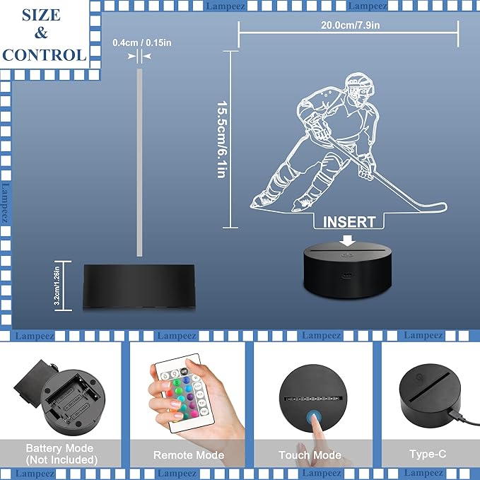 Lampeez Ice Hockey Player 3D Night Lights for Kids LED 16 Colors Remote Control Changing Touch Dimmable Table Desk Lamp Birthday Xmas Gifts Home Decor for Sports Hockey Fan