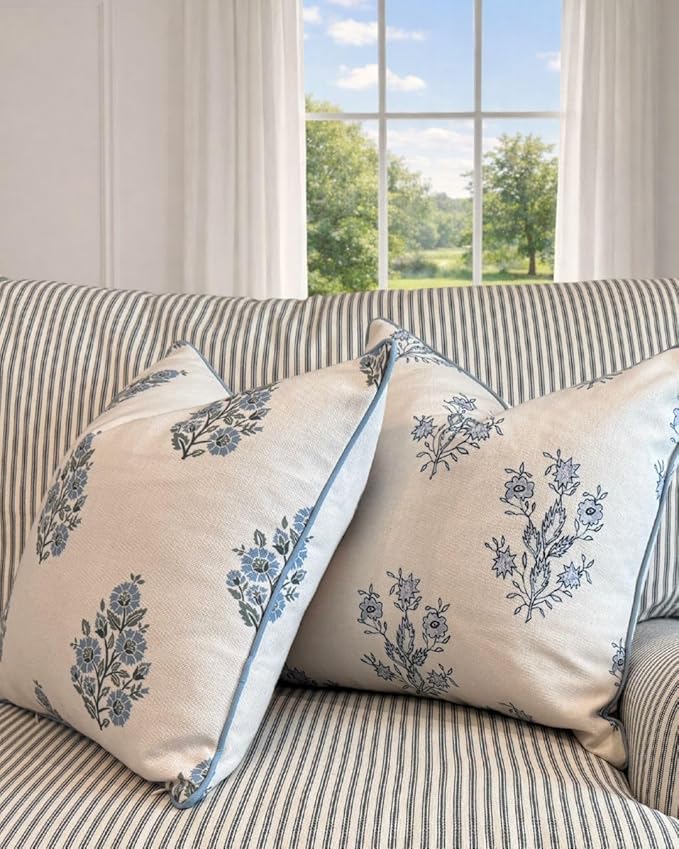 Jillien Harbor “The Mary” Blue and White Decorative Throw Pillow Cover – Floral Block Print Pillow Cover – Grandmillennial Home Decor, 19" x 19"