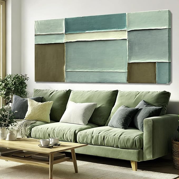 Hue7Art Modern Abstract Green Canvas Wall Art Soft Neutral Color Hand Painting Block Design Minimalist Artwork for Living Room Bedroom Office Contemporary Decor 29x58 Inch