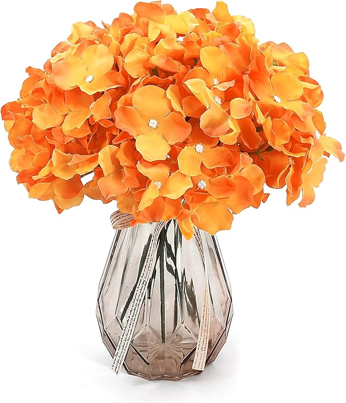Auihiay 64 PCS Orange Hydrangea Flowers, Silk Hydrangea Artificial Flowers Heads with Stems, Artificial Hydrangea Flowers for Wedding Centerpieces, Home, Garden, Baby Shower Decoration