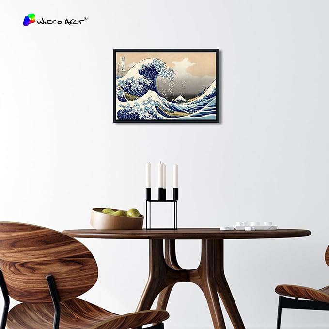 Wieco Art Framed Wall Art Canvas Prints Ocean Beach Picture Paintings for Home Office Decorations Wall Decor Great Wave of Kanagawa Katsushika Hokusai Modern Landscape Sea Artwork