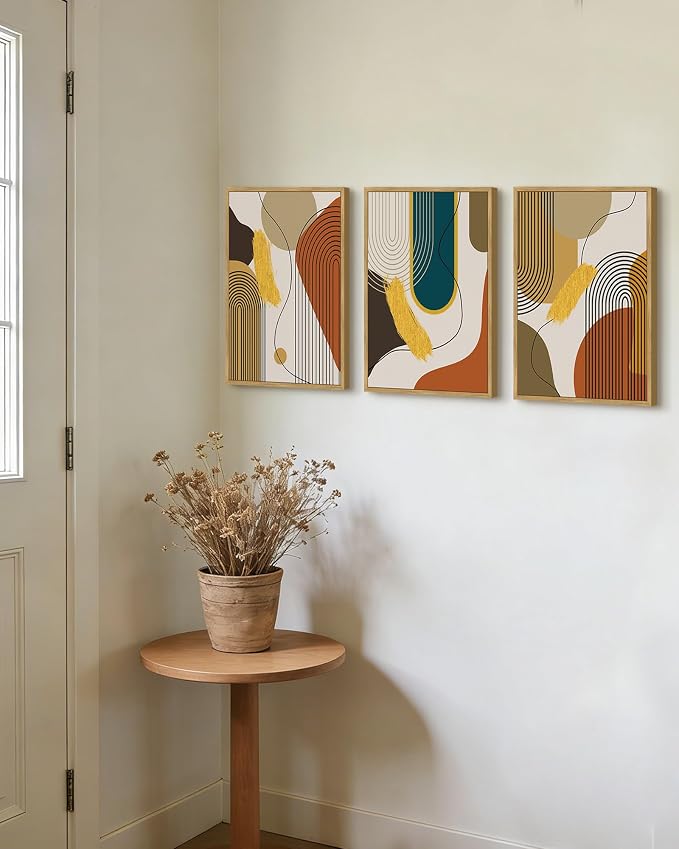 PHOPAGO Boho Abstract Framed Wall Art Mid-Century Modern Bohemain Minimalist Luxury Gold Line Artwork Kitchen Dining Room Decor - 11x14in Natural Framed