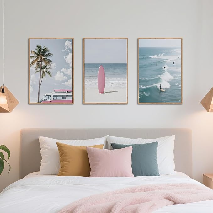 SIKERIC Large Beach Seascape Framed Canvas Wall Art Set of 3, Palm Tree Surfboard Wall Decor, Relax Summer Ocean Surfing Artwork, Modern Coastal Landscapel Art Print for Living Room, Bedroom -24x36