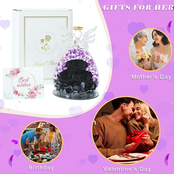 Beferr Mothers Day Mom Birthday Gifts for Women, Fresh Flowers for Delivery Forever Preserved Rose in Glass Angel Figurine, Anniversary Christian Real Rose for Grandma Nana Wife Mum from Daughter Son