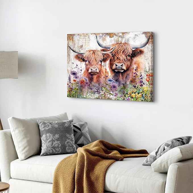 Cute Highland Cow Wall Art Rustic Cows Picture Wall Decor Nursery Room Decor Farmhouse Wildflower Scottish Cow Painting Bathroom Western Country Cattle Poster Artwork for Living Room Decoration 20x30"