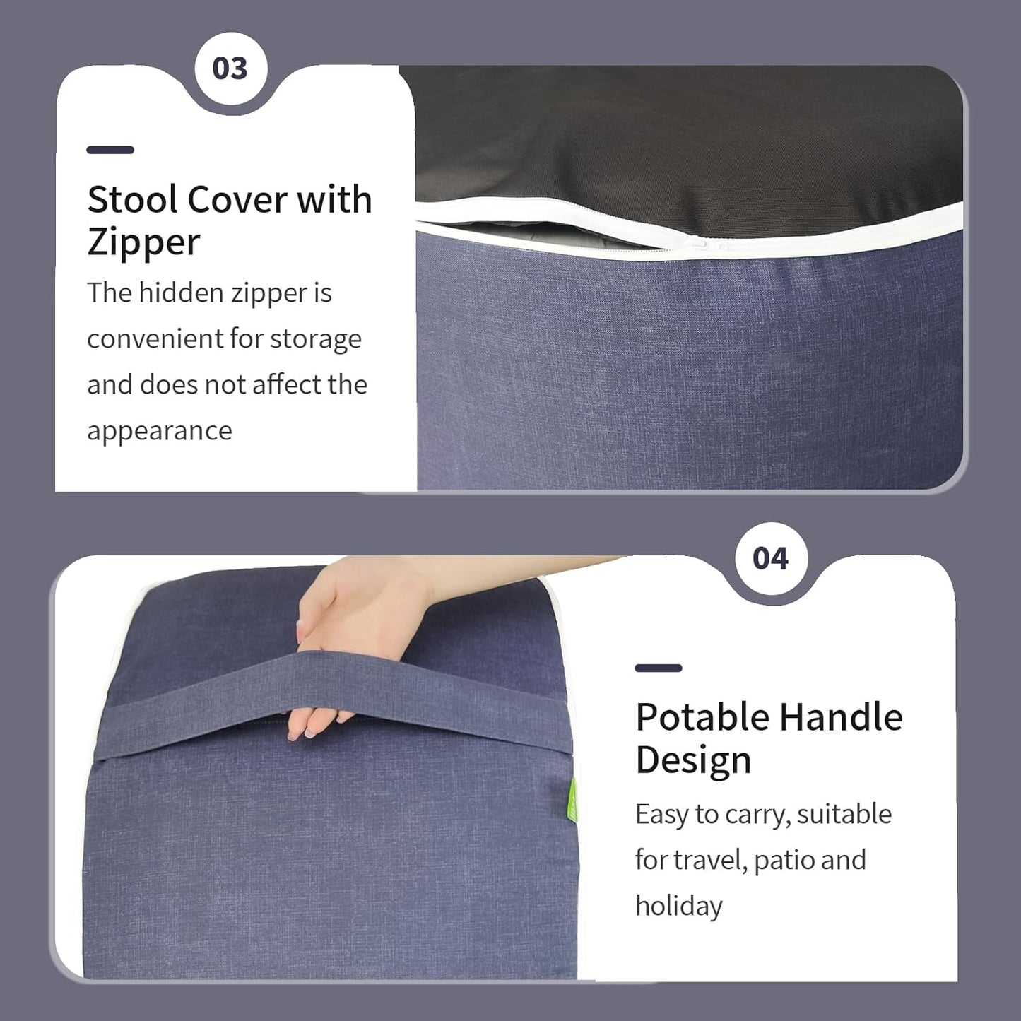 Inflatable Ottoman Stool D21 xH9 for Outdoor/Indoor Use, Water Repellent Patio Foot Rest Stool with Portable Handle,Round Pouf Ottoman Suitable for Garden,Deck and Camping - Textured Navy