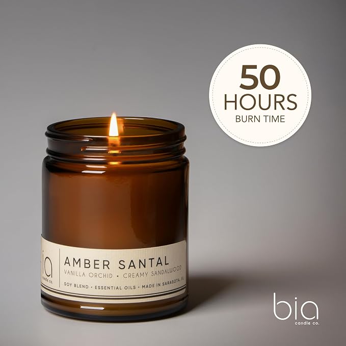 Bia Candle Co Amber Santal Soy Candle, Sandalwood Amber Vanilla Scent, Perfume Inspired, Hand Poured USA, High Fragrance Load, Lead-Free Wick, Reusable Glass Jar, Warm Romantic, 7 oz