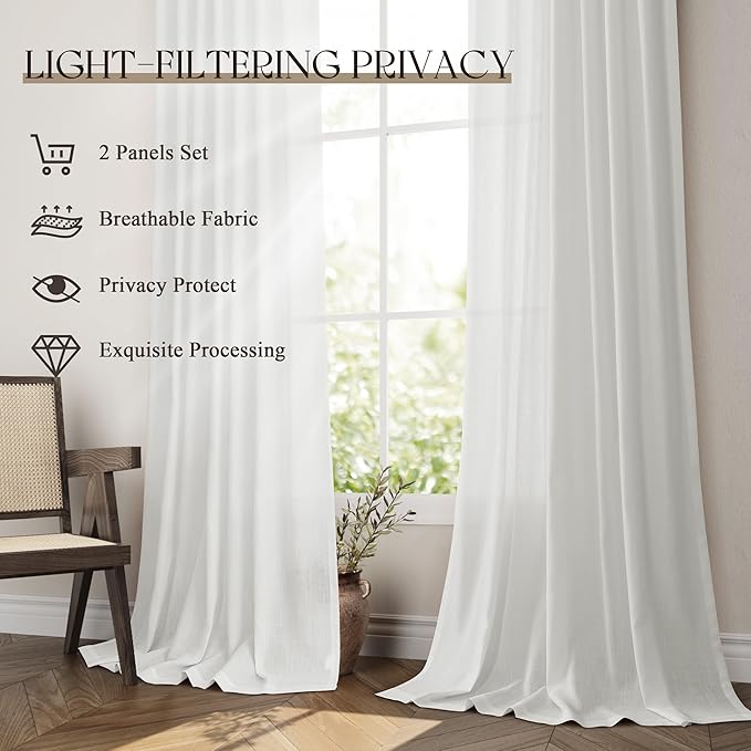 Jowels Off White Linen Curtains 108 Inch Long 2 Panels for Living Room | Light Filtering Semi Sheer Curtain, Back Tab Pocket Pleated Look, Boho Farmhouse Textured Privacy Drapes for Bedroom Window