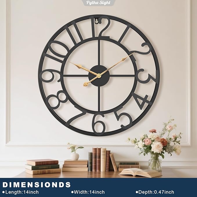Pytha Sight 14 Inch Large Wall Clocks for Living Room Decor,Big Silent Battery Operated Metal Wall Clock,Rustic Modern FarmhouseArabic Numerals Wall Clock for Kitchen,Office,Bedroom,Dinng Room