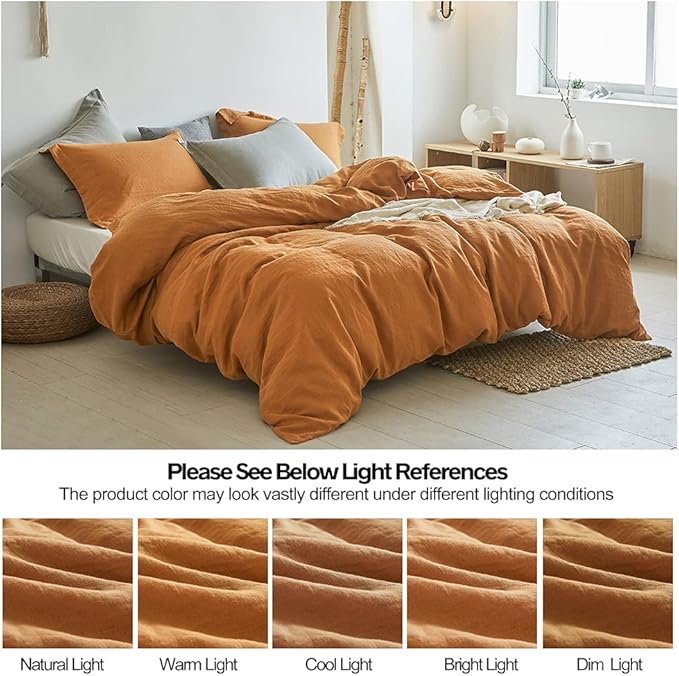 Simple&Opulence 100% Linen Duvet Cover Set 2pcs Basic Style Natural French Washed Flax Solid Color Soft Breathable Farmhouse Bedding with Button Closure - Rust, Twin