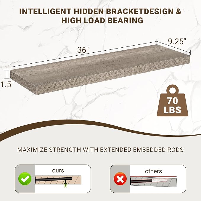 Acovy 36 Inch Floating Shelves, 3D Textured Wood Grain, 36"x9.25"x1.5" Inch Deep Floating Shelves for Wall, Wooden Shelves for Bathroom, Bedroom, Living Room, Vintage Gray Oak, 2 Pieces