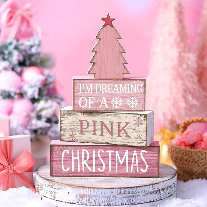 Lineshading 4 Pcs Christmas Table Decoration Wooden Pink Christmas Tree Centerpieces Decor Winter Tiered Tray Decor Rustic Decorative Tree Block Signs Gift Farmhouse Xmas Decoration for Home Kitchen