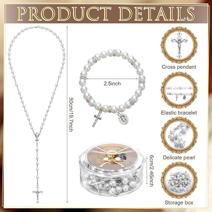 Kenning 24 Pcs First Communion Favor Rosary & Bracelet White Religious Rosary Bead Christian Baptism Gifts for Guests Primera Comunion Gift for Baptism Church Wedding