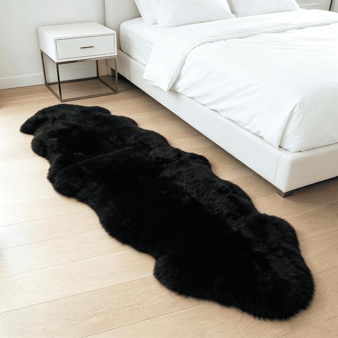 AOGELAN Area Rugs, Genuine New Zealand Sheepskin Rug, Soft Fur Throw Rug (Black, Double Pelt/2FT*6FT)