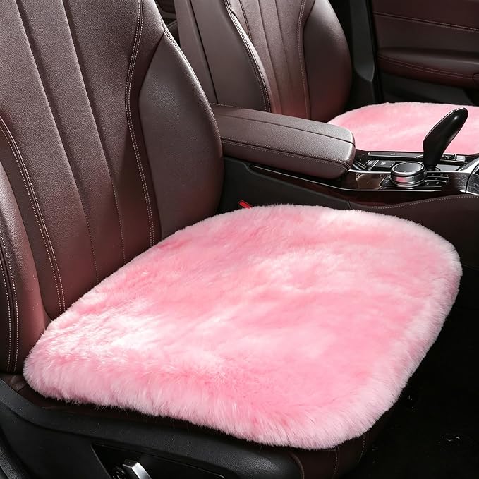 OGLAND Fuzzy Genuine Sheepskin Car Seat Cover for Women Cushion Auto Interior Accessories with Soft Fluffy Wool Natural Fur, Pink, 20 * 20inchs