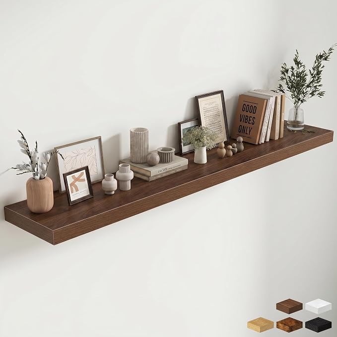 Fun Memories 72 Inch Fireplace Mantel Shelf, 12 Inch Deep Shelves for Display & Wall Storage, Rustic Wood Wall Shelf, Extra Long Floating Shelves for Living Room Laundry Room, Walnut, Set of 1