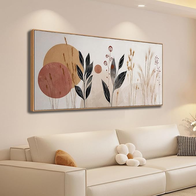 Sorbrozo Abstract Botanical Wall Art 24x48 Inch Framed Canvas Print with Geometric Circles and Leaves Modern Minimalist Decor for Living Room & Bedroom