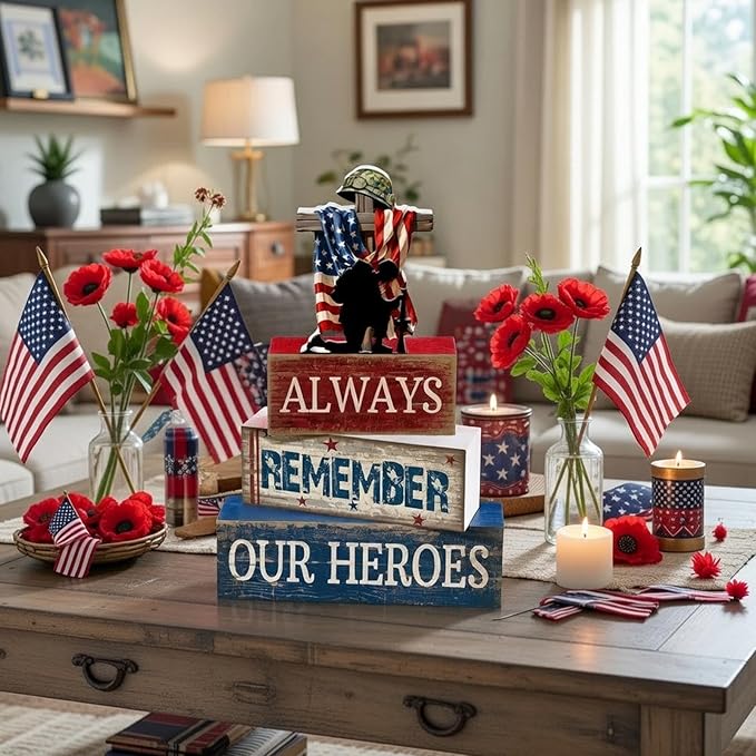 CroBlissful 4 Pcs Memorial Day Decorations 4th of July Patriotic Tabletop Decoration Red White Blue Table Centerpieces Alway Remember Our Heroes Sign for Tiered Tray Home Shelf 250th Anniversary