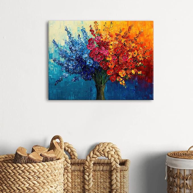 Colorful Flower Wall Art Teal Red Orange Wildflower Painting Abstract Texture Botanical Picture Canvas Prints for Living Room Floral Poster Modern Framed Artwork Bathroom Bedoom Home Decoration 12x16