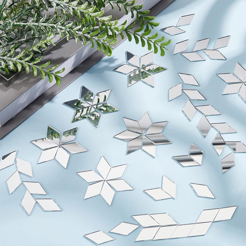 OLYCRAFT 150pcs Rhombus Craft Mirrors 1x0.5 Inch Small Mirror Tiles with Storage Box Non-Stick Mini Glass Mirror Tiles DIY Mirror Rhombus Mini Mirrors for Crafts Art Wall Door Home Decorations