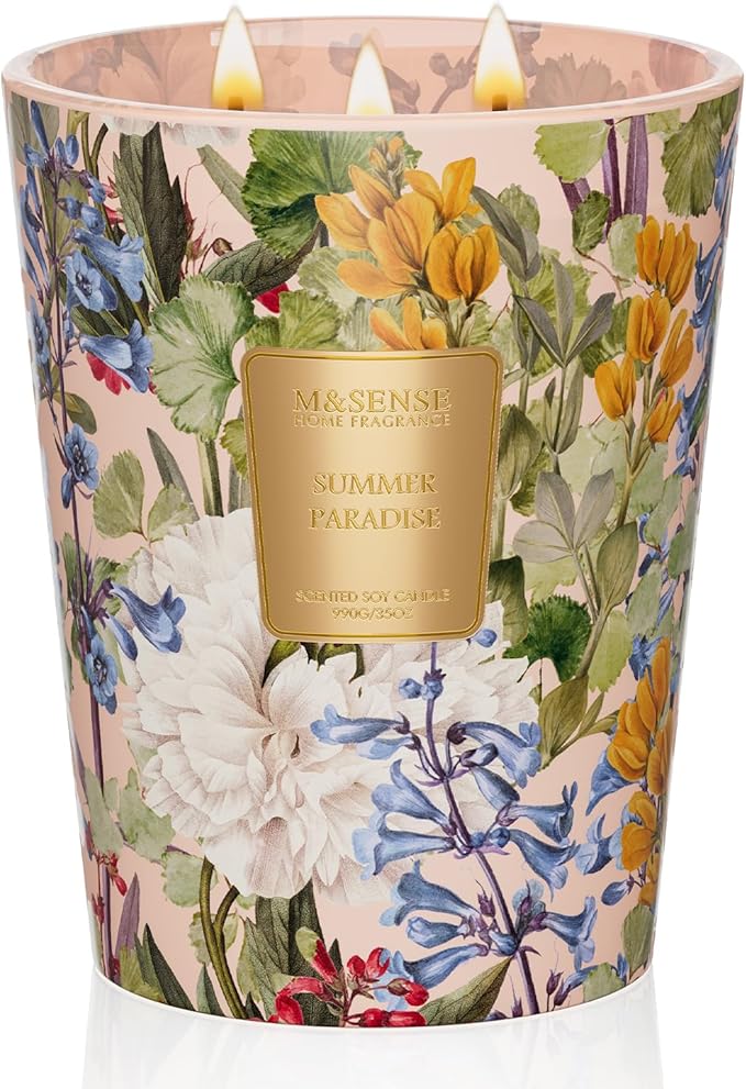 M&SENSE Summer Paradise Soy Candle, 35oz 3-Wick, Tropical Vacation Gift | 150H Long Burn, Non-Toxic, Large Jar, Beach House Island Escape, Stress Relief, Relaxation, Seasonal Joy