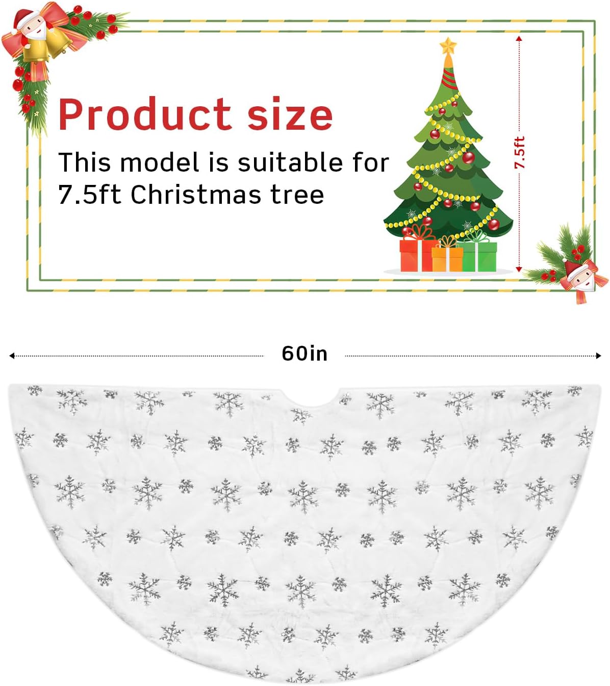 COOLWUFAN 60 Inches Christmas Tree Skirt for Xmas Tree Holiday Party Decorations White Plush Silver Sequin Snowflake (Silver)