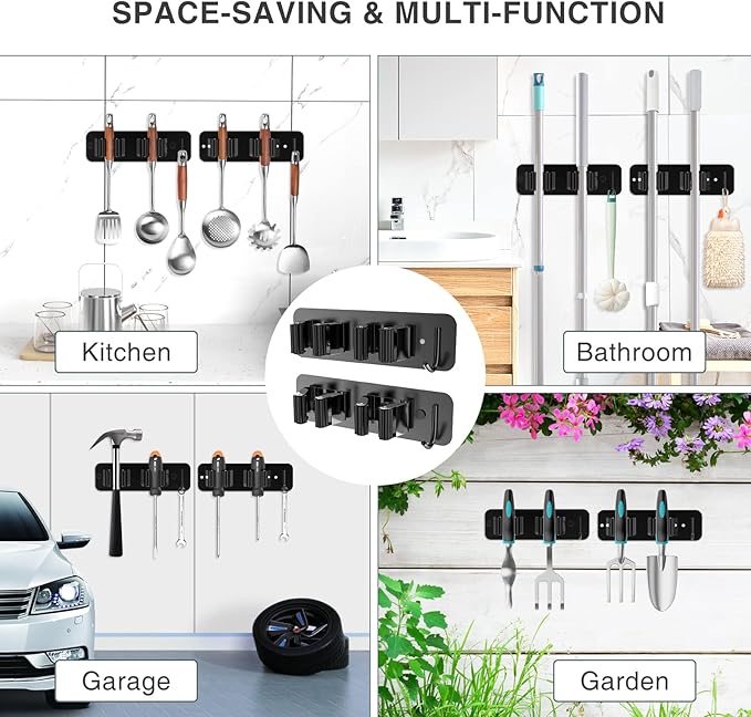 homeasy Wall Mount Mop and Broom Holder, Heavy Duty Stainless Steel Organizer Rack with Hooks | 2-Pack, 2-in-1 No Drill & Screw Installation, Black